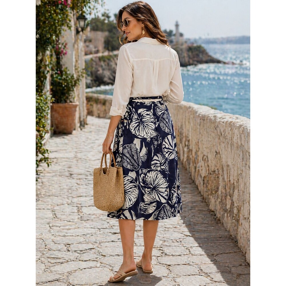 Nicole Miller women’s Seashells Linen Wrap Skirt Size M Navy & Off White - Picture 2 of 15
